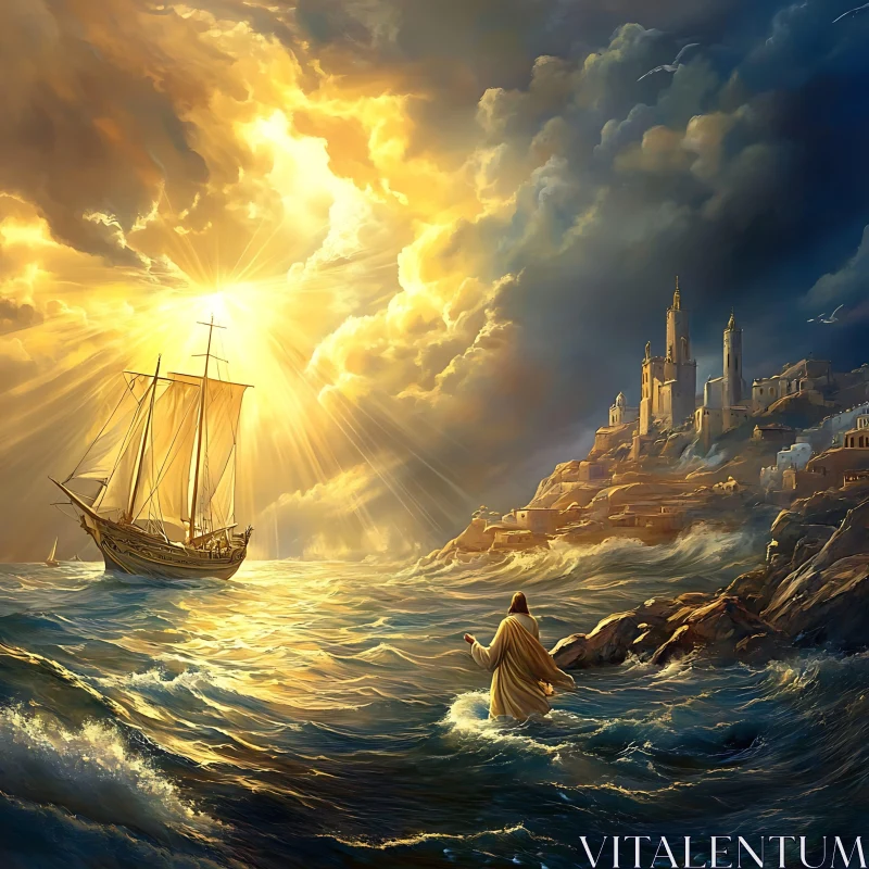 AI ART Divine Seascape with Ship and Figure