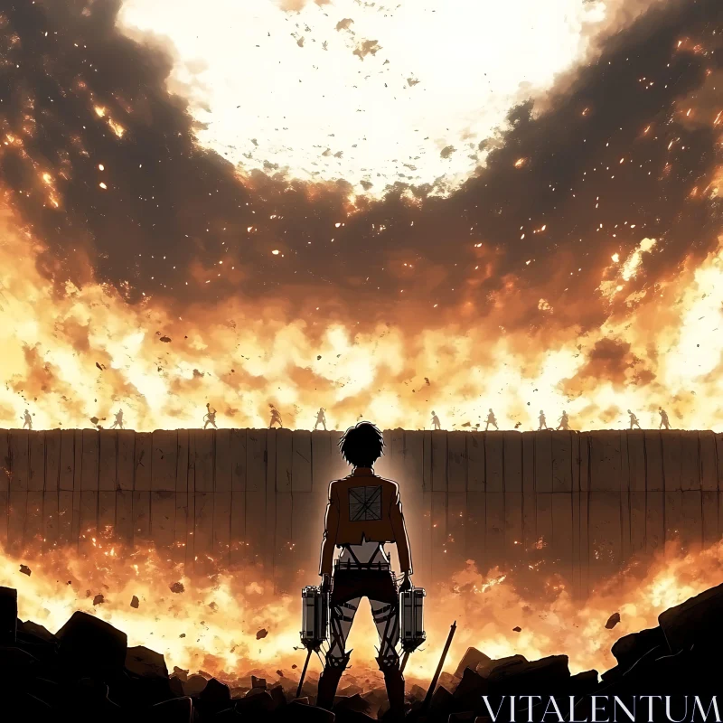 Anime Hero in Front of Burning Wall AI Image