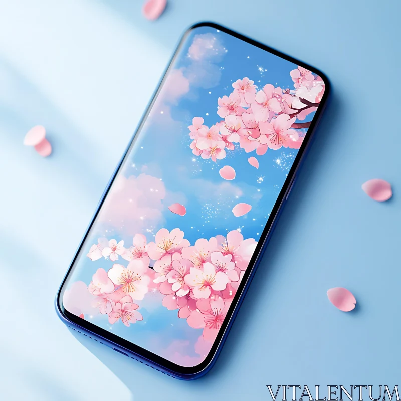 AI ART Smartphone with Floral Cherry Blossom Display