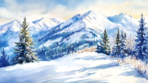 Winter Mountains Watercolor Painting