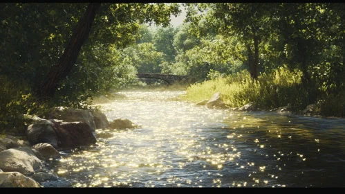 Tranquil Forest River with Sunlit Reflections and Bridge