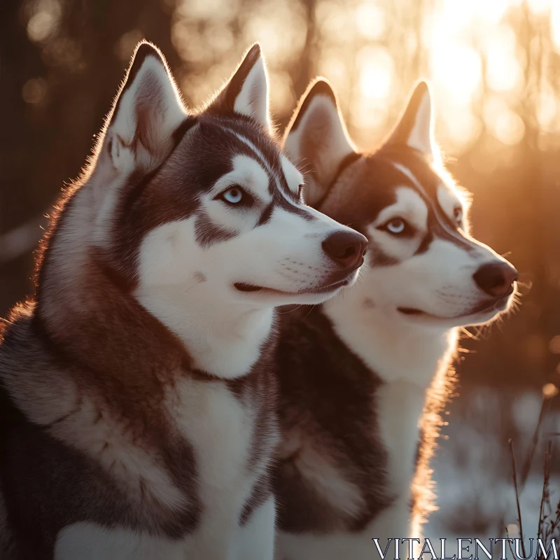 Winter Duo of Siberian Huskies in Sunlit Forest AI Image