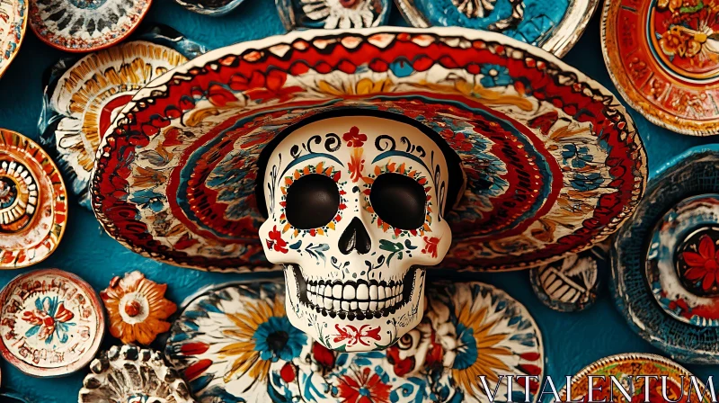 Festive Skull with Sombrero and Plates AI Image