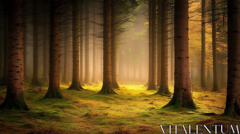 Mystical Forest with Sunbeams and Autumn Foliage AI Image