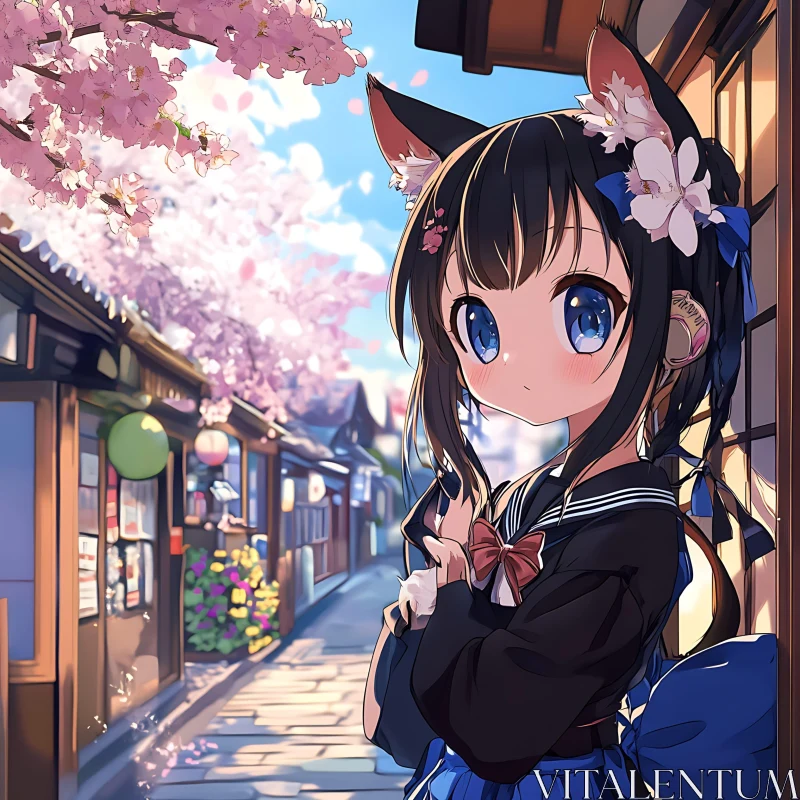 Anime Girl with Cat Ears and Cherry Blossoms in Springtime AI Image