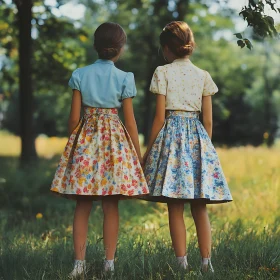 Girls in Floral Skirts in the Field