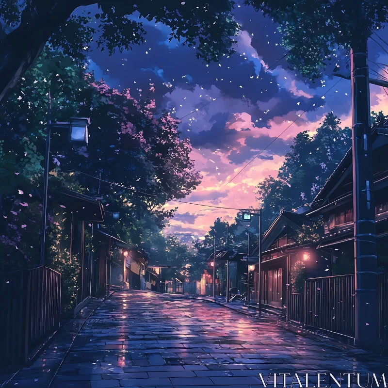 Serene Evening Street with Colorful Twilight Sky AI Image