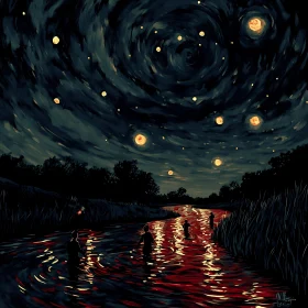 Figures in River Under Night Sky