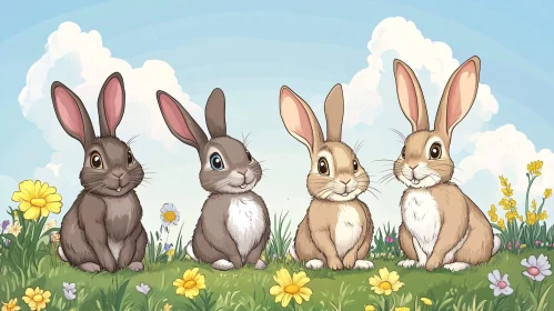 Four Rabbits in a Flower Field