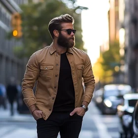 Bearded Man in City Street