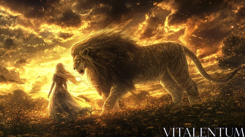 AI ART Golden Encounter: Lion and Woman