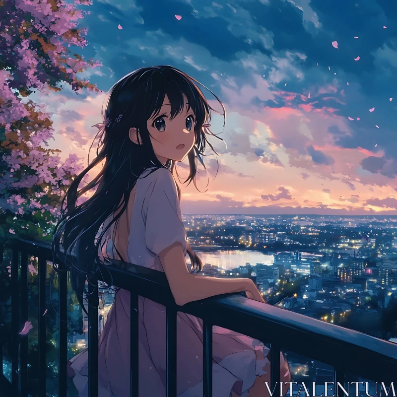 Serene Evening: Anime Girl and Sunset City View AI Image