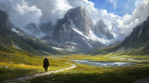 Lone Hiker in Mountainous Landscape