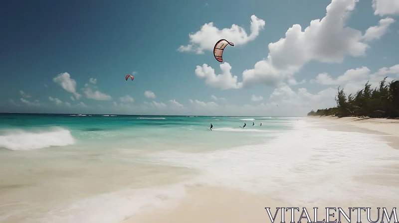 Tranquil Beach with Kitesurfers AI Image