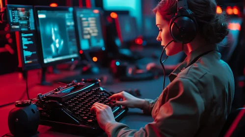 Woman Typing on Typewriter in Neon Room