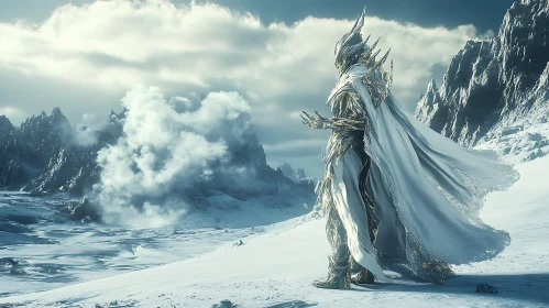 Armored Figure in Snowy Mountains