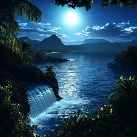 Tranquil Moonlight Waterfall Seascape