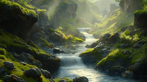 Waterfall Cascading Through Mossy Rocks