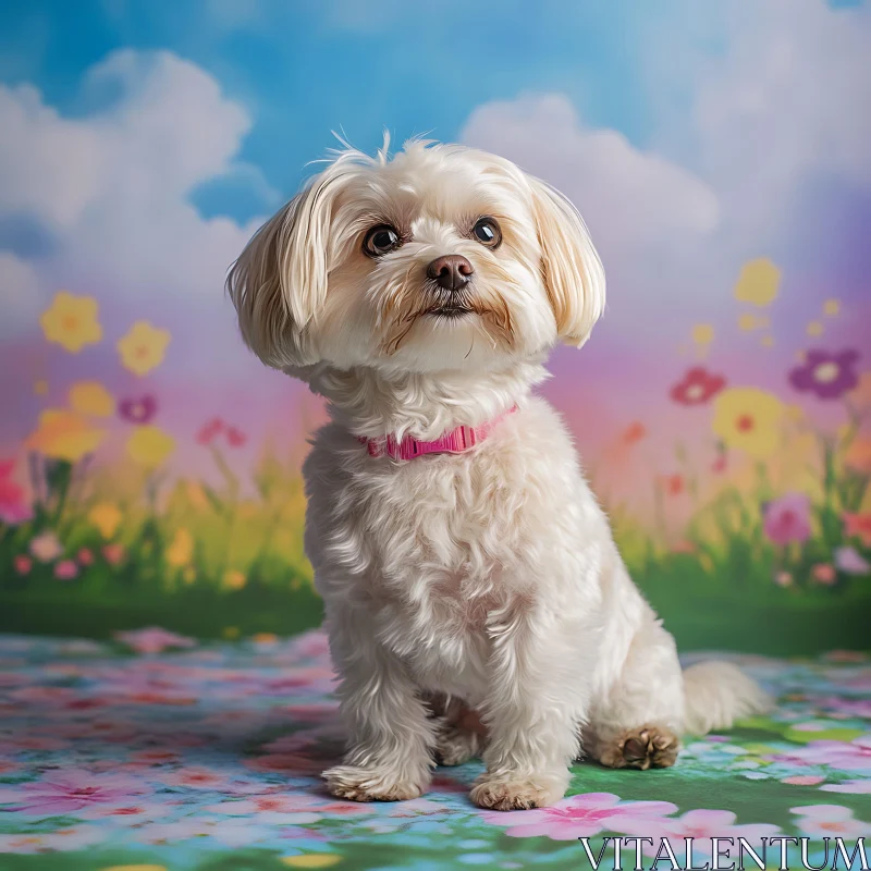 Cute Fluffy Dog in Vibrant Floral Setting AI Image