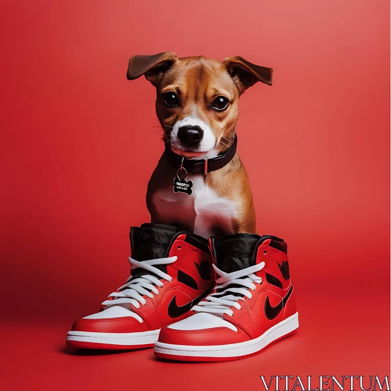 Cute Pup in Sneakers on Red Backdrop AI Image