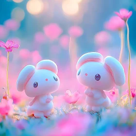 Pastel Bunnies Among Pink Blossoms
