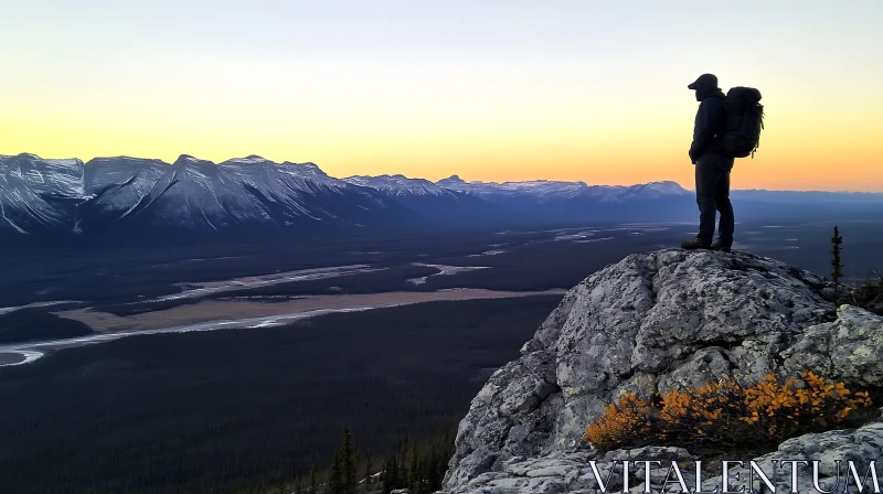 Lone Hiker Mountain View at Sunset AI Image