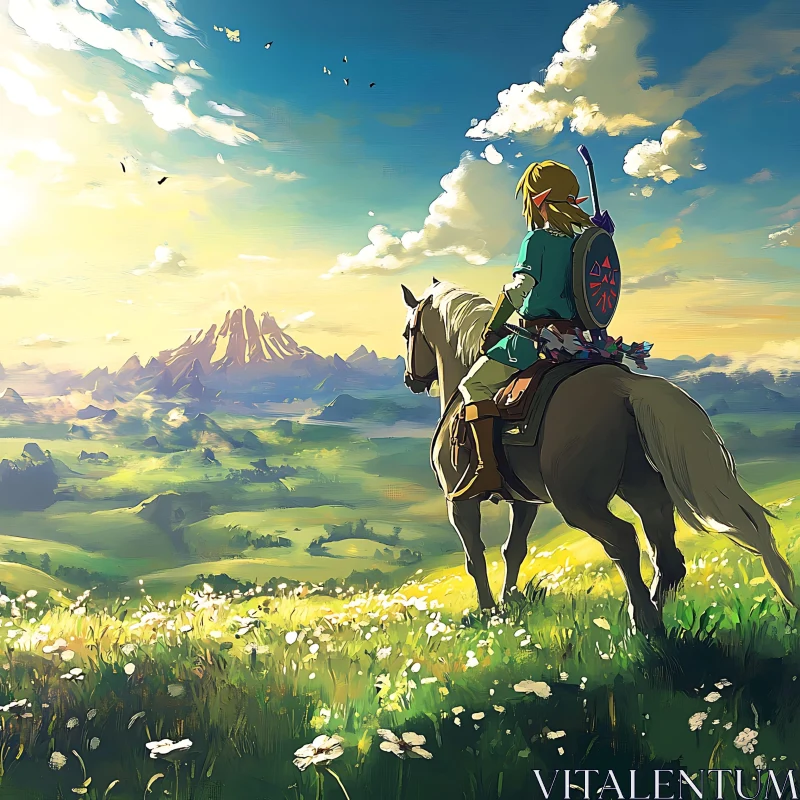 Hero and Horse in Sunlit Fantasy Landscape AI Image