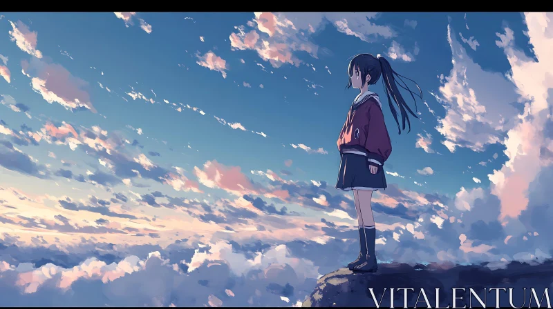 Anime Girl Overlooking Cloudy Sunset AI Image