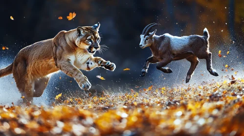Wild Chase Between Cougar and Goat