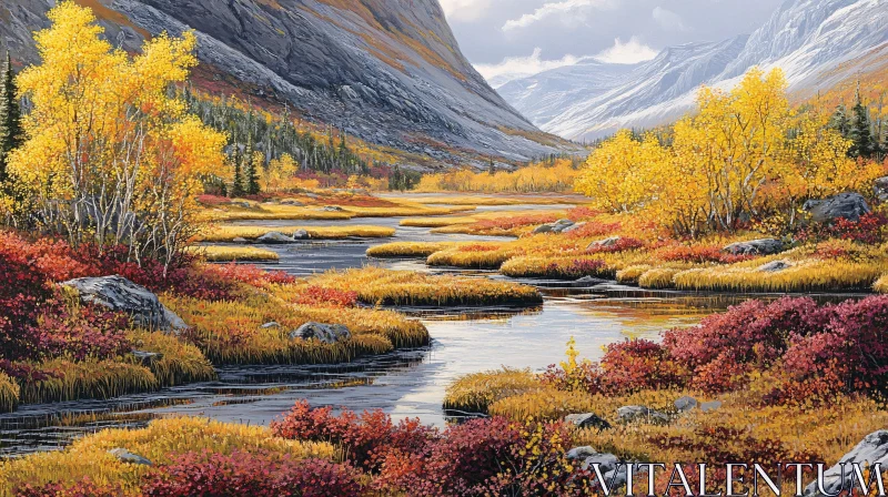 AI ART Serene Autumn Landscape with River and Mountains