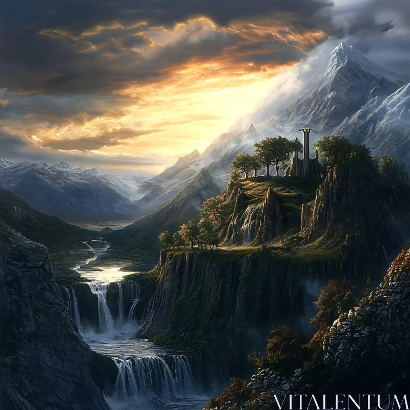 Scenic Mountainous Vista with Waterfalls AI Image