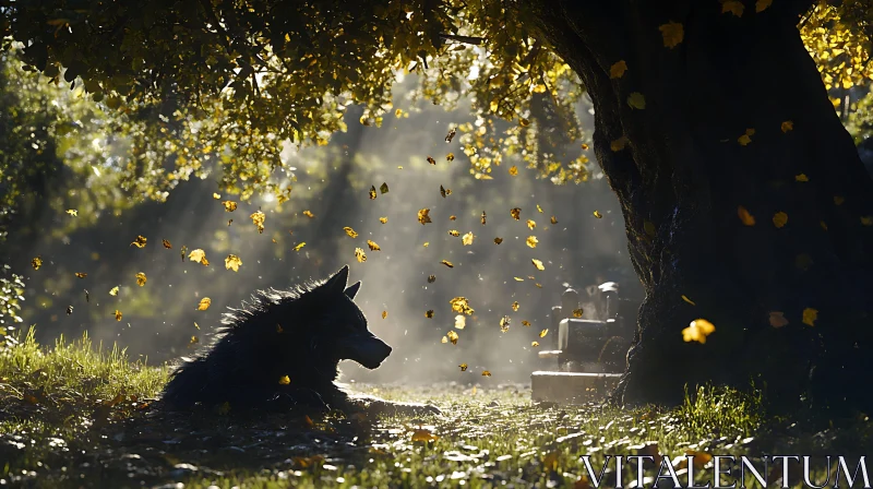 Peaceful Woodland Wolf in Autumn Light AI Image