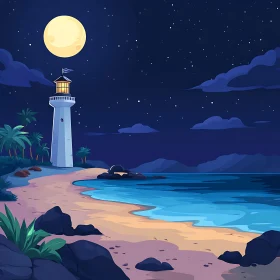 Moonlit Seascape with Lighthouse