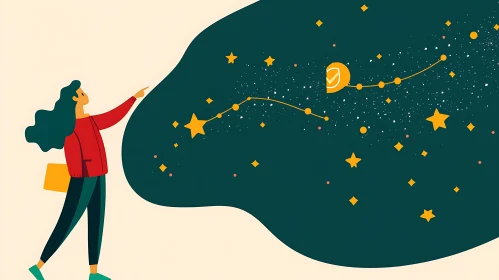Starry Night Illustration with Pointing Figure