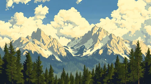 Snowy Peaks and Evergreen Trees Landscape