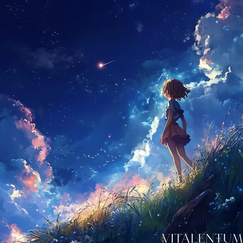 Anime Girl Under the Starry Sky AI Image