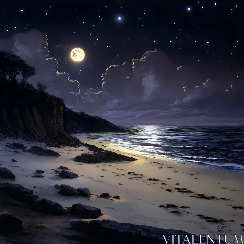 Night Seascape with Moon and Stars AI Image