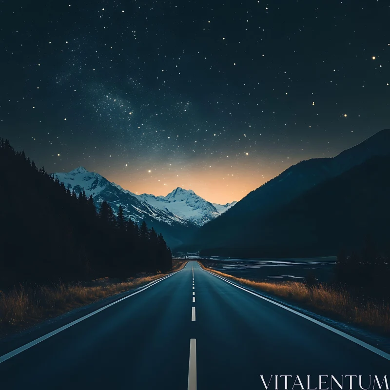 Mountains road under starry night AI Image