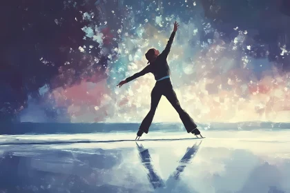 Elegant Ice Skating Silhouette Amidst Cosmic Backdrop AI Generated Picture