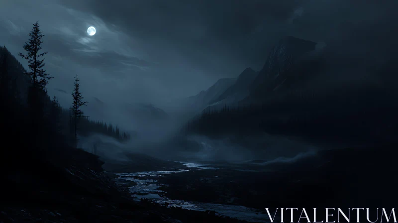 Night River Landscape with Moon AI Image