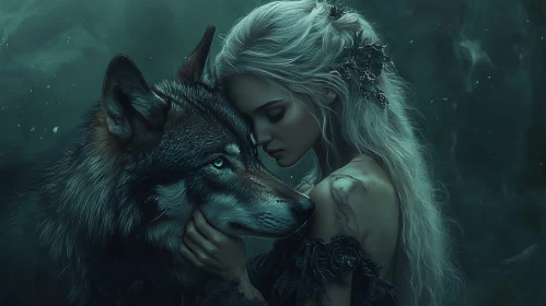 Mystical Embrace: Woman and Her Wolf