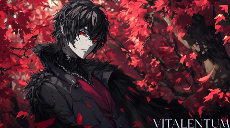 Gothic Anime Character Among Red Leaves AI Image