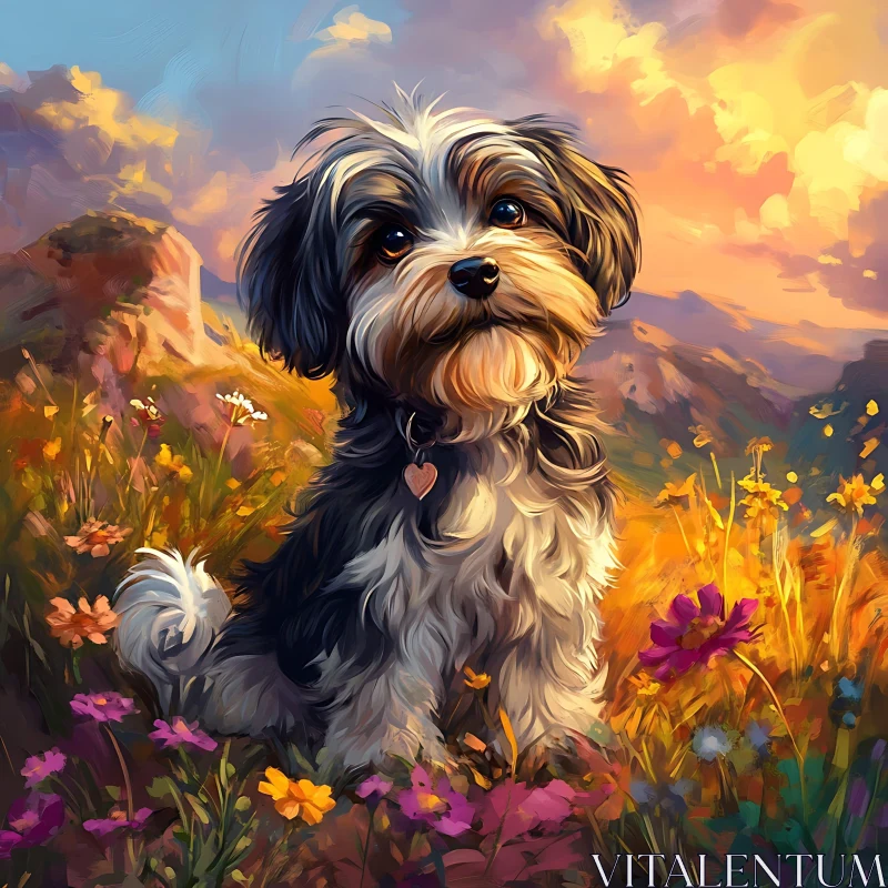 Charming Dog in a Flower-Filled Meadow at Sunset AI Image