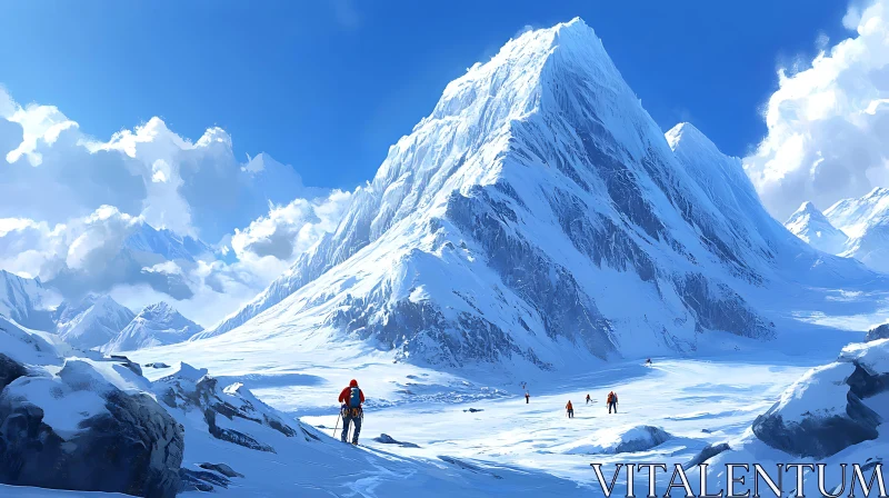 Snowy Mountain Climbers Under Blue Sky AI Image