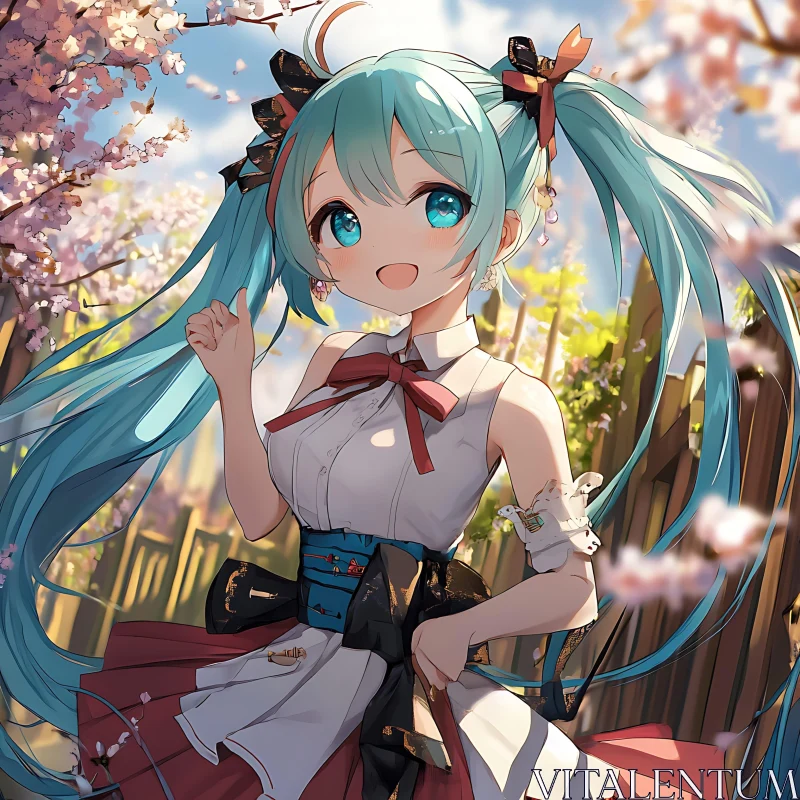 Charming Anime Girl in Spring Cherry Blossom Garden AI Image