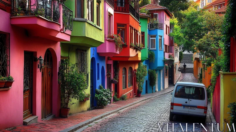 Colorful Urban Street with Lush Plants AI Image