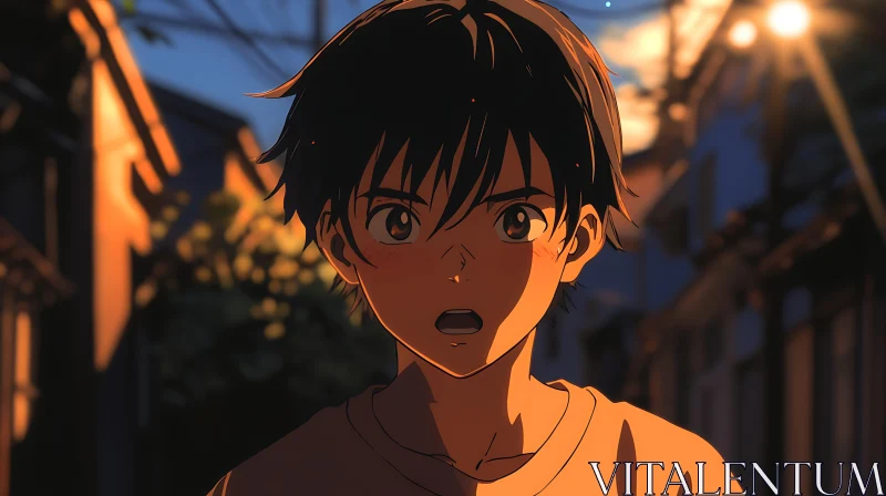 Surprised Anime Boy in Nighttime Setting AI Image