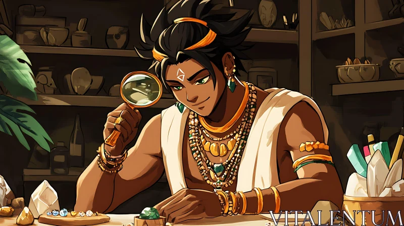 Elegant Man Inspecting Gems with Magnifying Glass AI Image