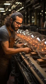 Industrial Worker Inspecting Glass Lamps with Precision