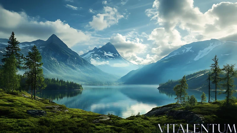 Tranquil Mountain Lake Landscape AI Image